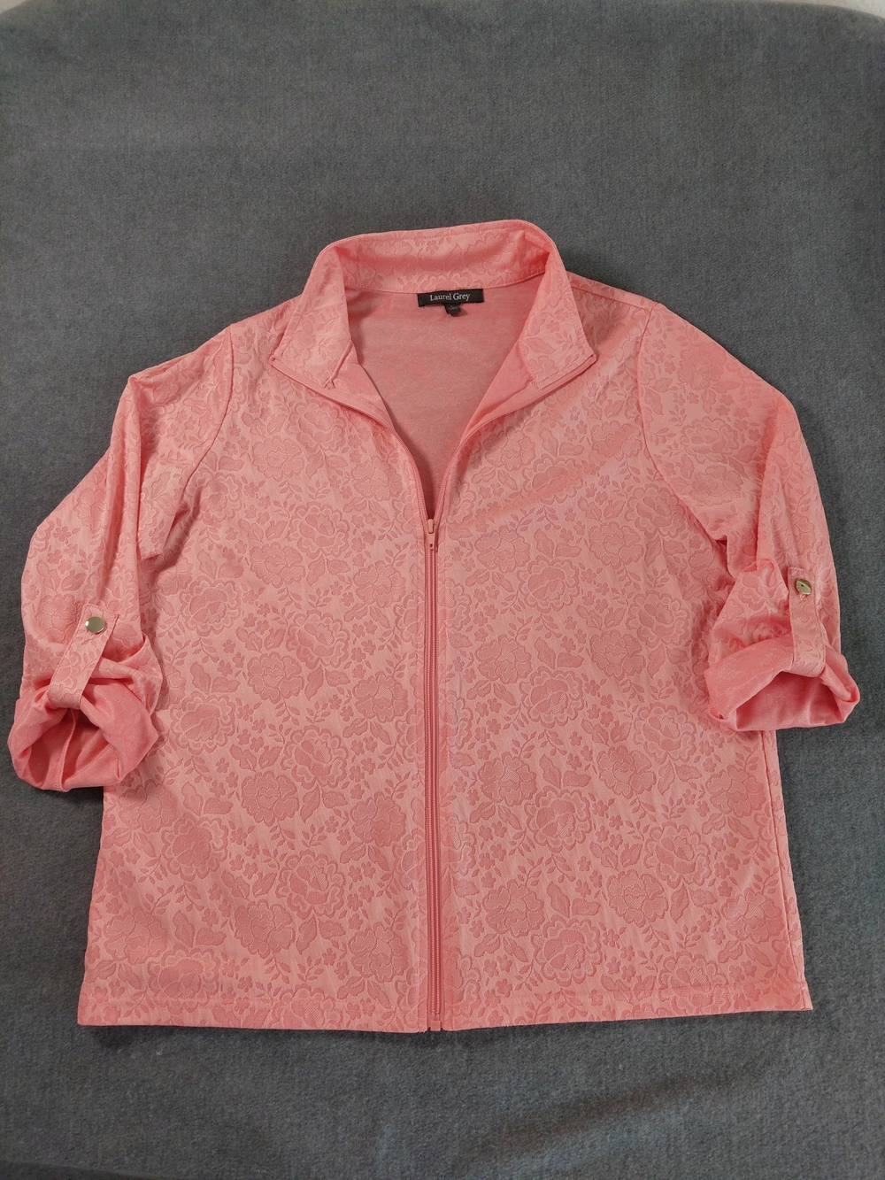 Laurel Grey Pink Floral Jacquard Zip Up Jacket Roll Tab Sleeves Size L - Picture 2 of 8